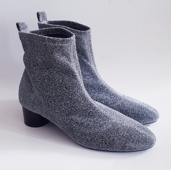 ZARA Silver Glitter Round Stacked Heel Sock Ankle Boots - Picture 2 of 14